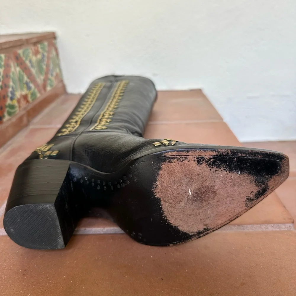 Calleen Cordero women’s black cowboy boot w/ brass diamond embellishment Size 6 - Picture 7 of 13